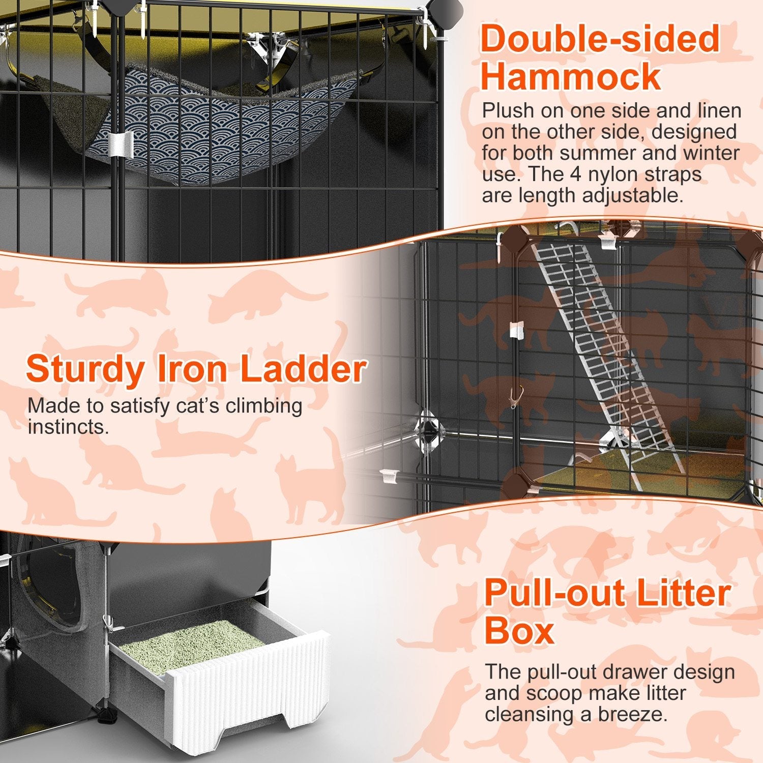HKM-6754877 3-Tier Indoor Cat Cage with Litter Box, Hammock, and Ladder for Kittens