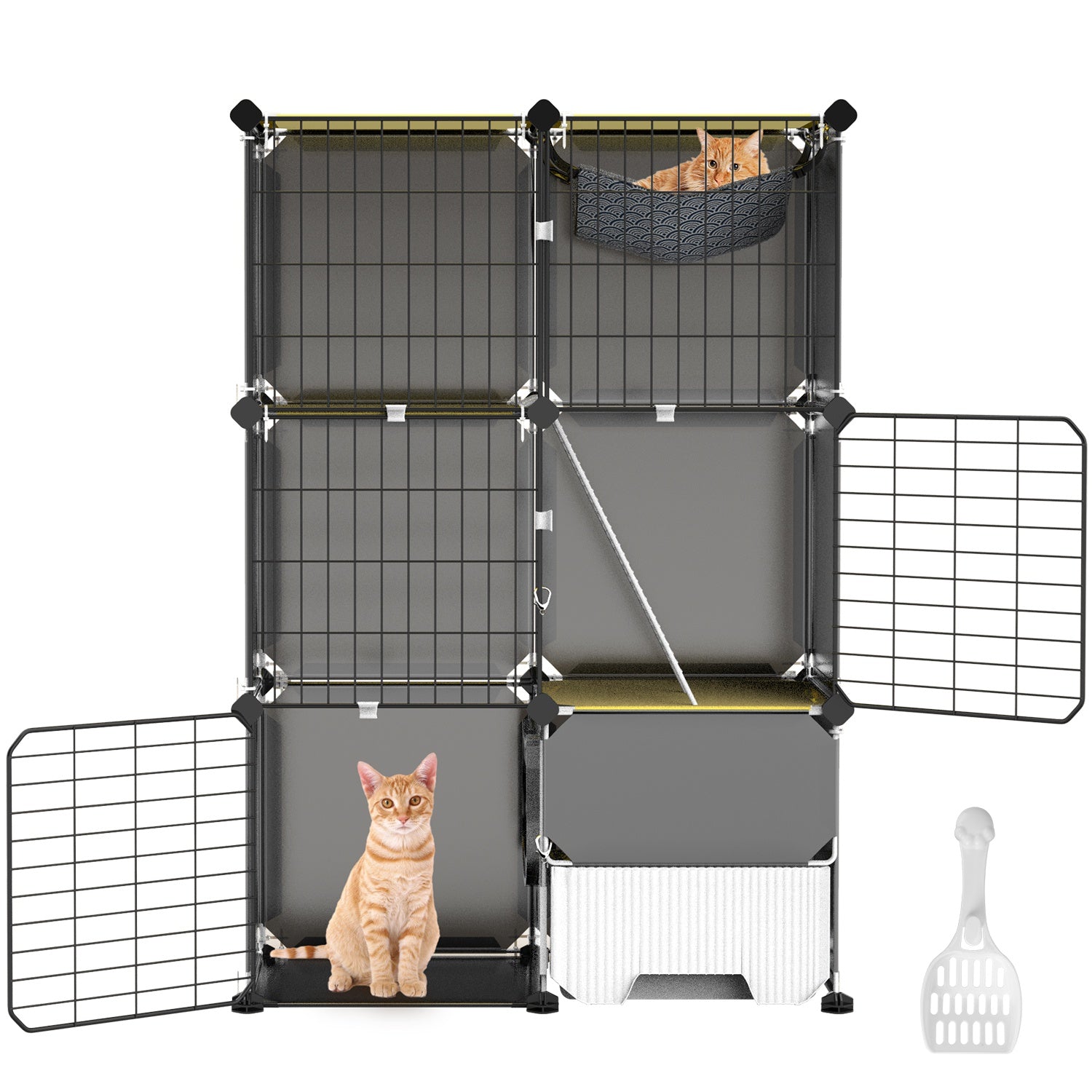 HKM-6754877 3-Tier Indoor Cat Cage with Litter Box, Hammock, and Ladder for Kittens
