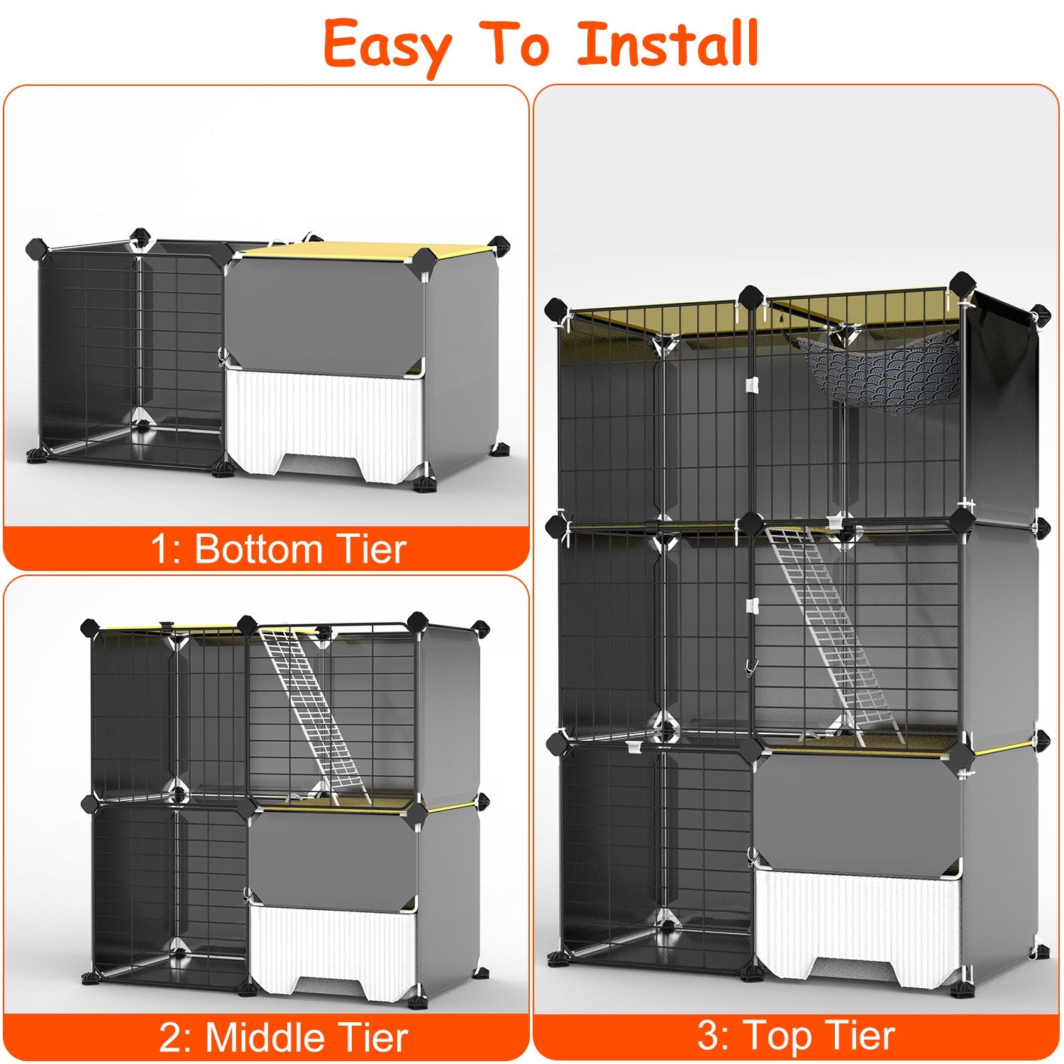 HKM-6754877 3-Tier Indoor Cat Cage with Litter Box, Hammock, and Ladder for Kittens