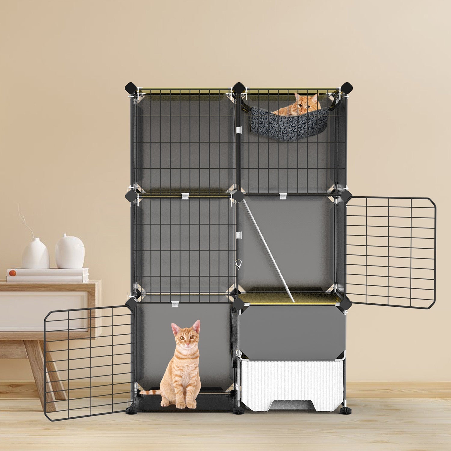HKM-6754877 3-Tier Indoor Cat Cage with Litter Box, Hammock, and Ladder for Kittens