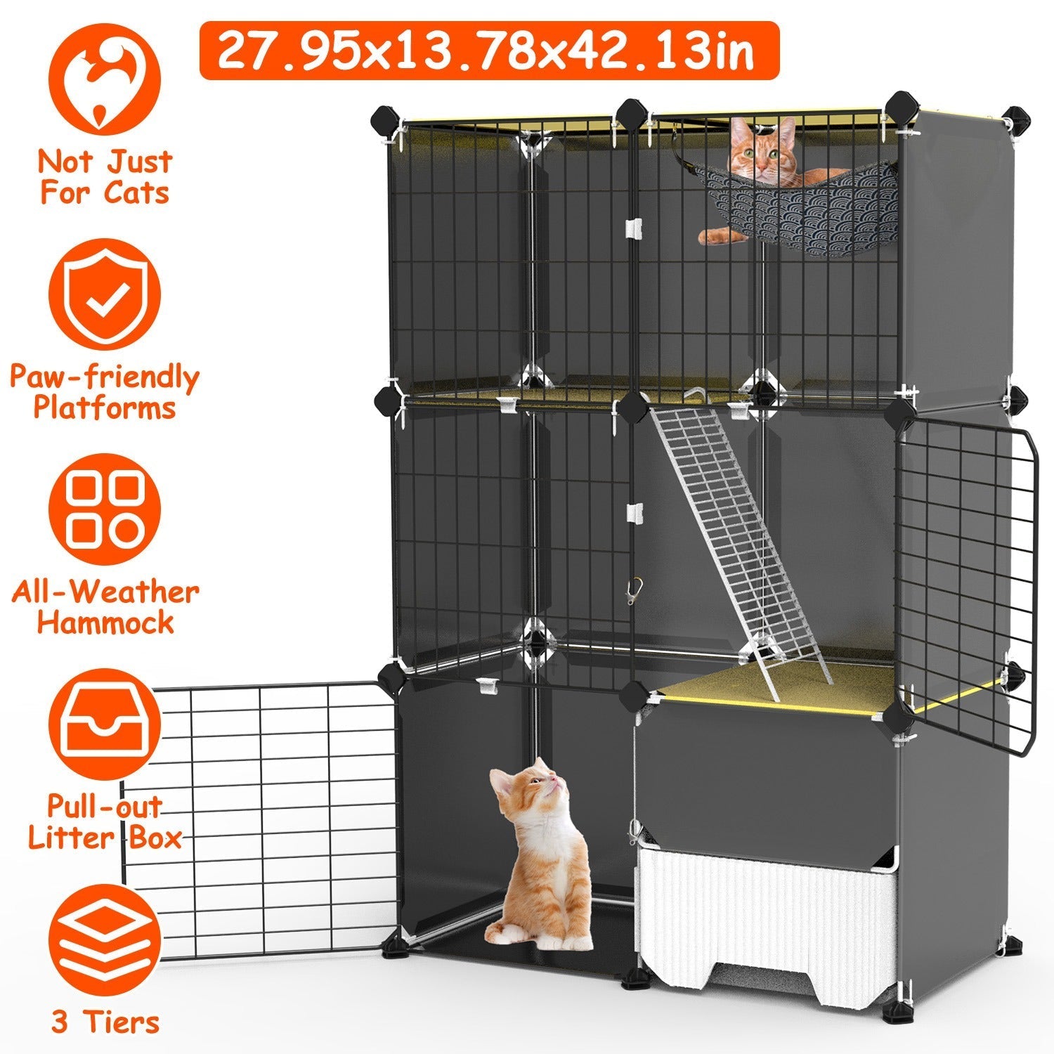HKM-6754877 3-Tier Indoor Cat Cage with Litter Box, Hammock, and Ladder for Kittens