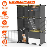 HKM-6754877 3-Tier Indoor Cat Cage with Litter Box, Hammock, and Ladder for Kittens