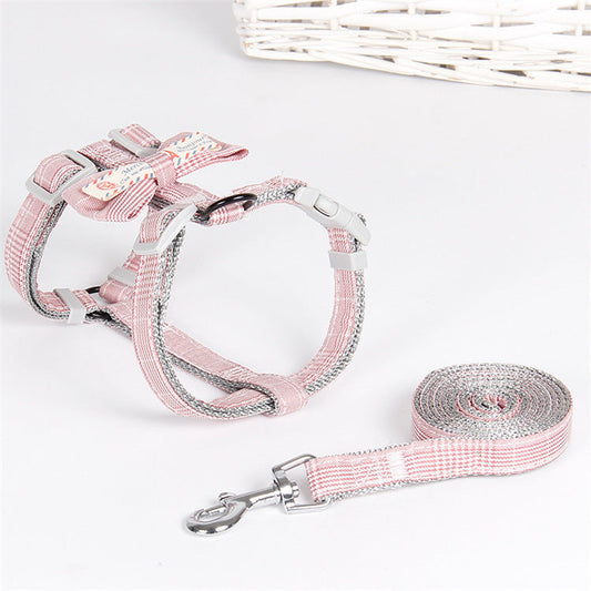 HKM-6755005 Fashion Simple Lattice Bow Pet Leash in Pink, Light Green, Light Gray, and Dark Gray for Small to Medium Pets