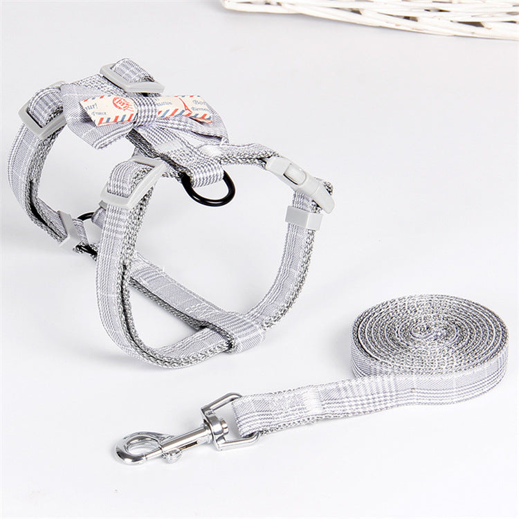 HKM-6755005 Fashion Simple Lattice Bow Pet Leash in Pink, Light Green, Light Gray, and Dark Gray for Small to Medium Pets