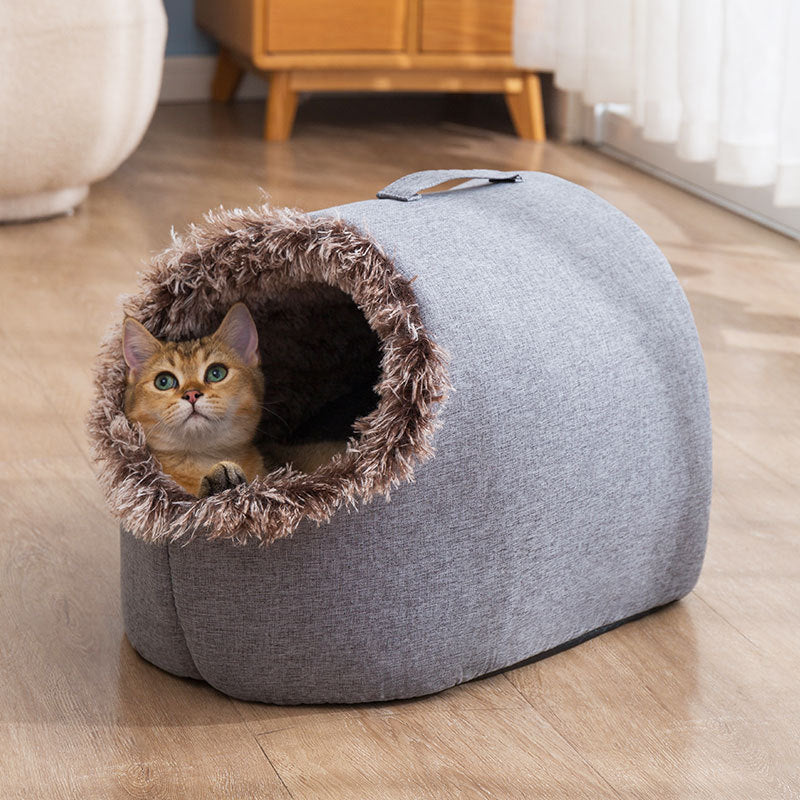 HKM-6755261 Cozy Fleece-Lined Cat Sleeping Bag Nest - Portable in Gray and Brown, Sizes M & L