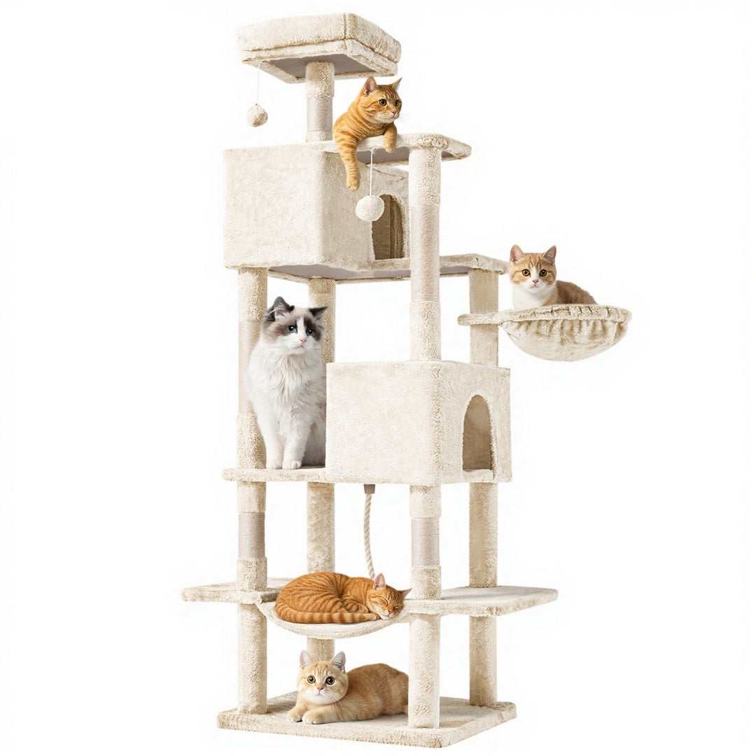 HKM-6756669 Large Multi-Level Cat Tree Tower with Cozy Hammocks and Condos for Indoor Cats and Kittens, 66 Inch
