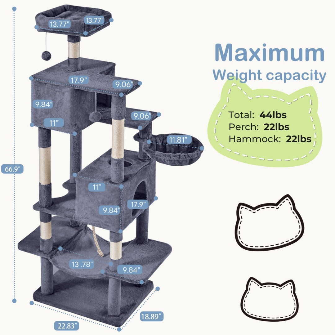 HKM-6756669 Large Multi-Level Cat Tree Tower with Cozy Hammocks and Condos for Indoor Cats and Kittens, 66 Inch