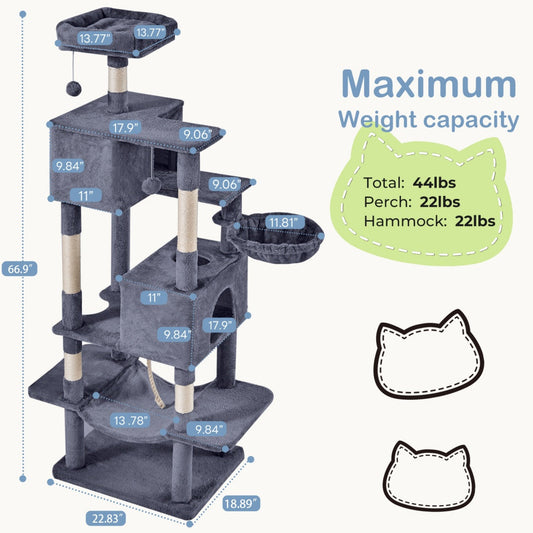 HKM-6756669 Large Multi-Level Cat Tree Tower with Cozy Hammocks and Condos for Indoor Cats and Kittens, 66 Inch