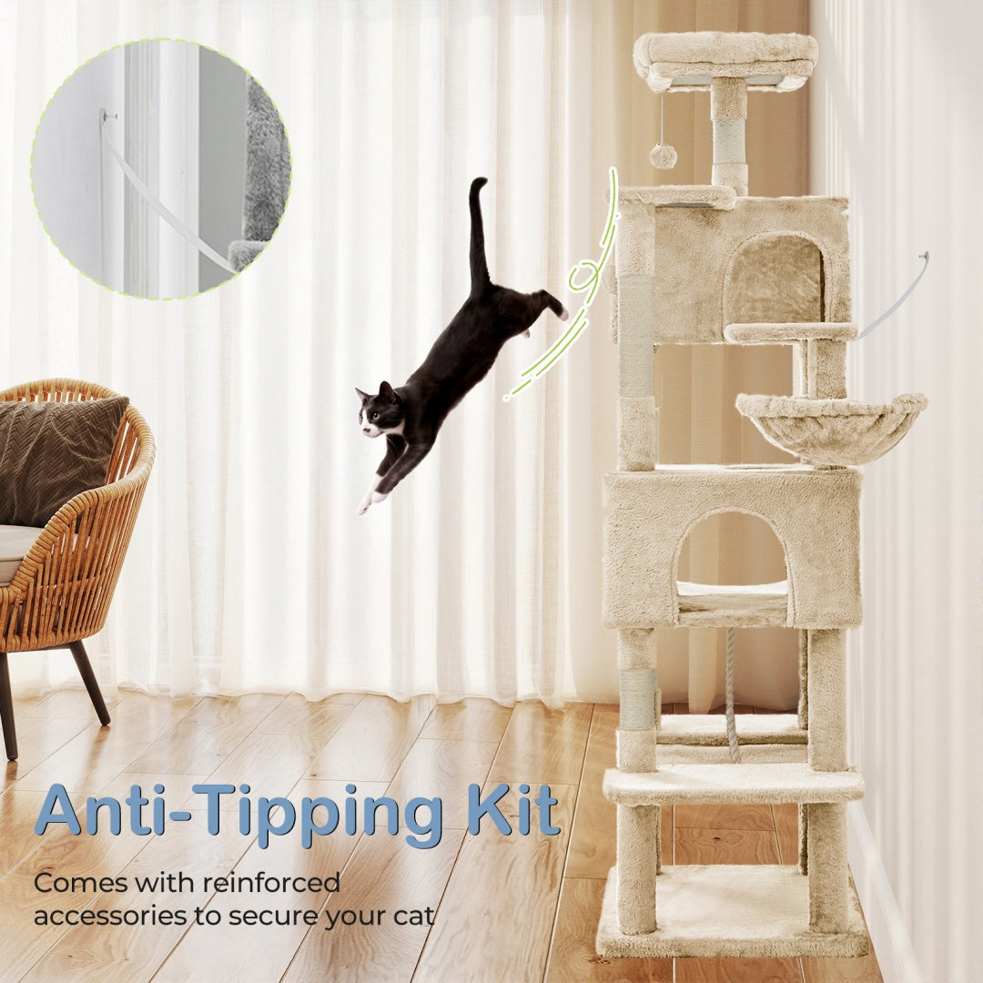 HKM-6756669 Large Multi-Level Cat Tree Tower with Cozy Hammocks and Condos for Indoor Cats and Kittens, 66 Inch