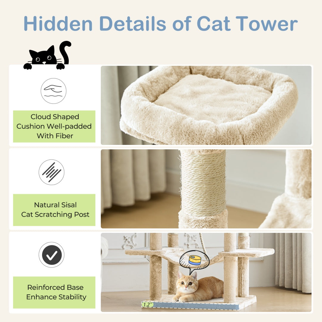 HKM-6756669 Large Multi-Level Cat Tree Tower with Cozy Hammocks and Condos for Indoor Cats and Kittens, 66 Inch
