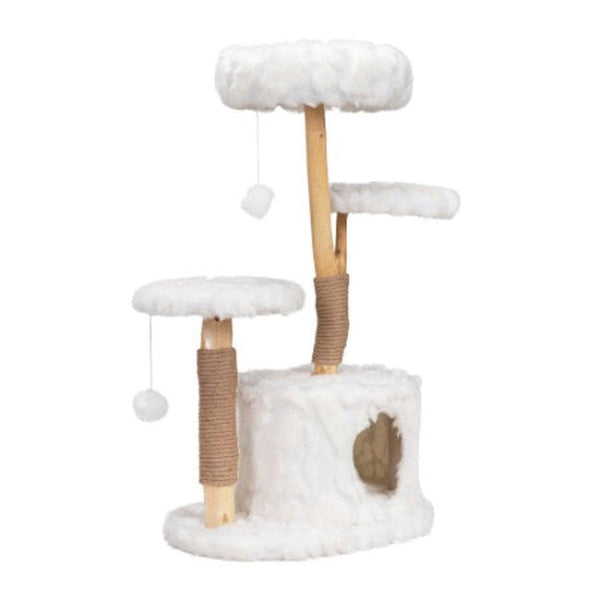 HKM-675731 Modern Cat Tower with Natural Wood Branches, Indoor Cat Condo and Playhouse in White, Comfortable Plush Beds and Scratching Posts
