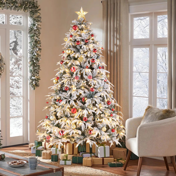 HKM-675859 7ft Green Flocking Christmas Tree with 450 Warm LED Lights and 1687 Branches, 8 Modes, Easy Assembly