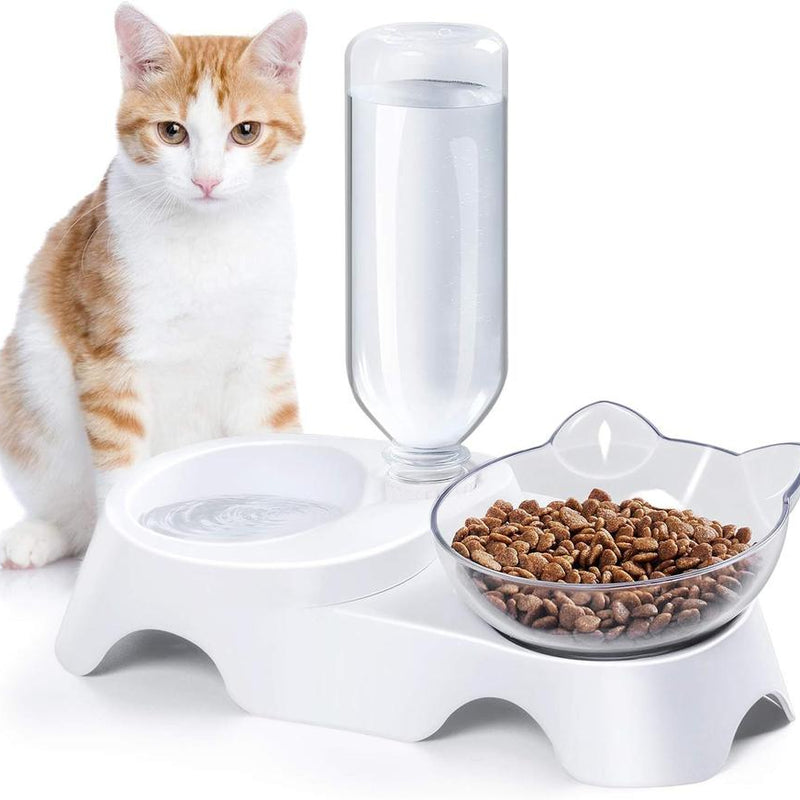 HKM-675923 Tilted Double Dog & Cat Bowls Set with Automatic Water Dispenser for Small to Medium Pets