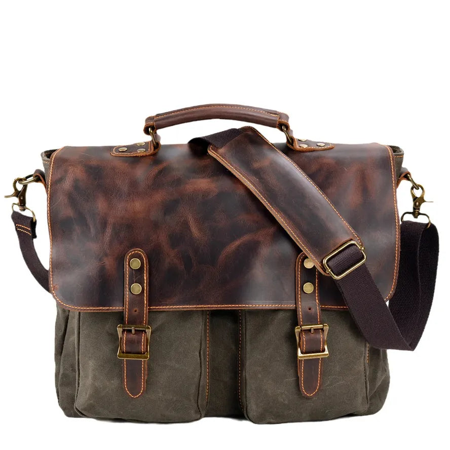 HKM-675987 Retro Large Capacity Canvas Crossbody Bag with Crazy Horse Skin for 15.6" Laptops