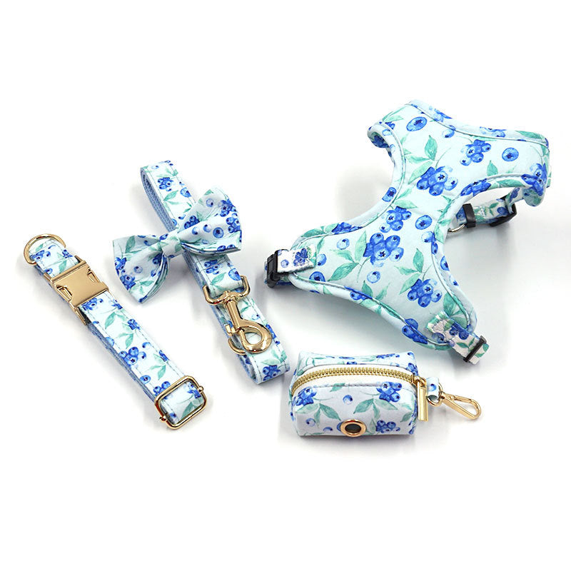 HKM-6772285 Blueberry Print Pet Chest Harness and Leash Set, Polyester Material, Multiple Sizes Available