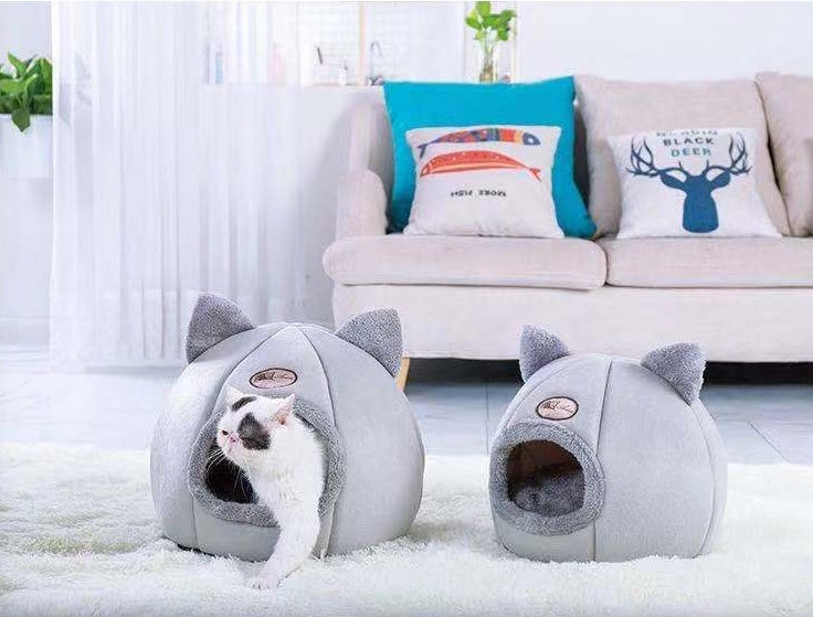HKM-6772541 Semi-Enclosed Plush Lined Round Pet Bed for Cats and Dogs - Size M/L