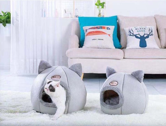 HKM-6772541 Semi-Enclosed Plush Lined Round Pet Bed for Cats and Dogs - Size M/L