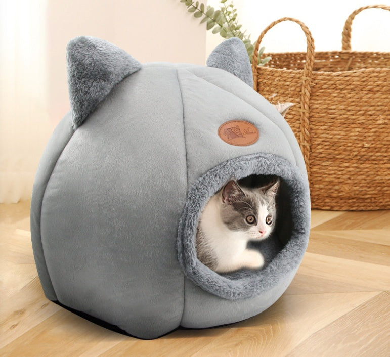 HKM-6772541 Semi-Enclosed Plush Lined Round Pet Bed for Cats and Dogs - Size M/L