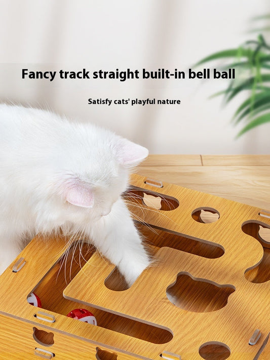 HKM-6778429 Interactive Wooden Cat Teasing Maze Box with Fun Stick and Bell Balls