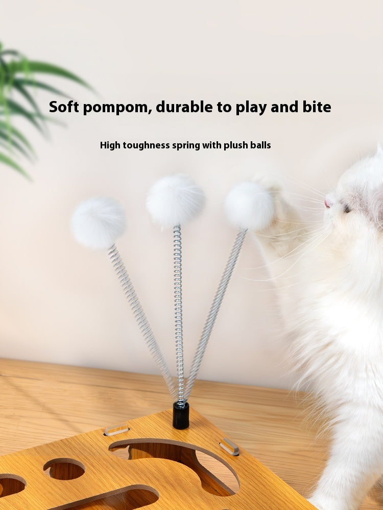 HKM-6778429 Interactive Wooden Cat Teasing Maze Box with Fun Stick and Bell Balls
