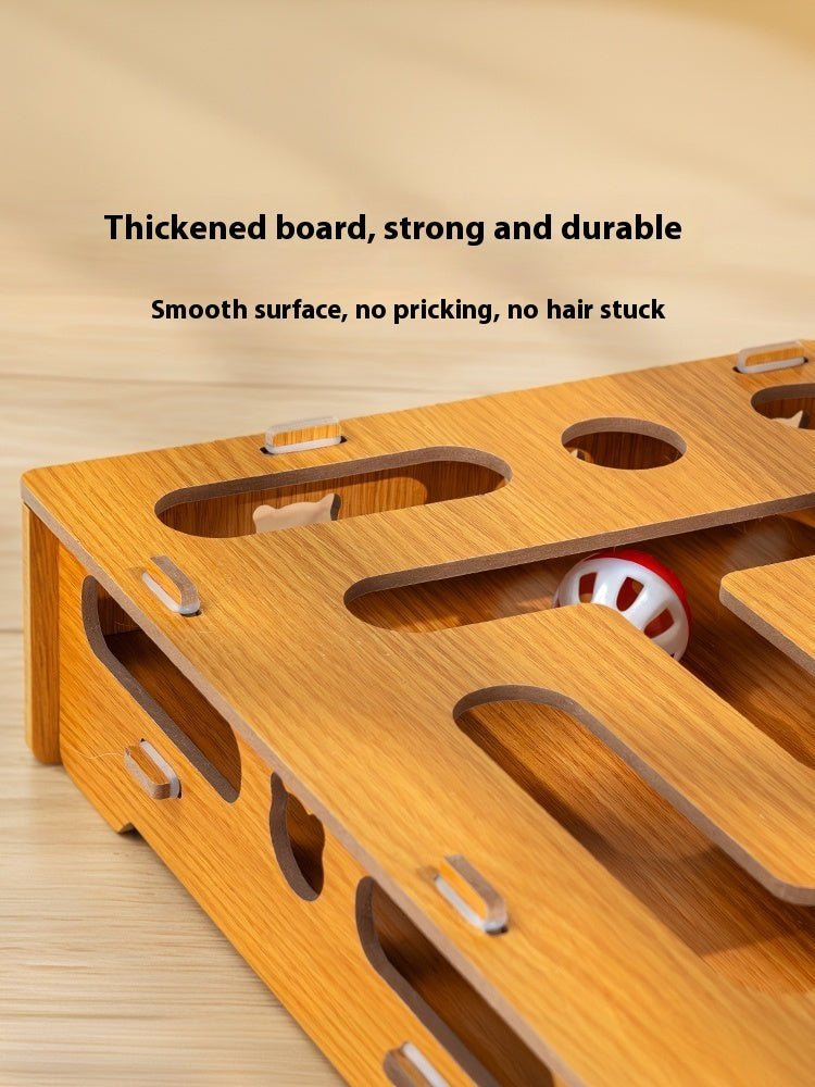 HKM-6778429 Interactive Wooden Cat Teasing Maze Box with Fun Stick and Bell Balls