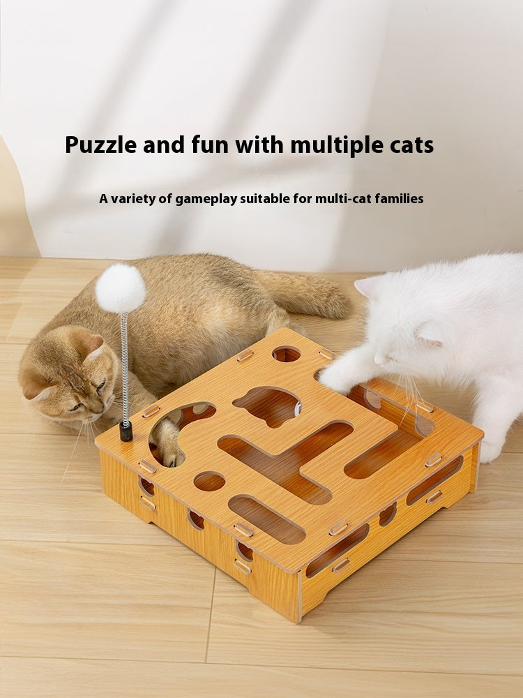 HKM-6778429 Interactive Wooden Cat Teasing Maze Box with Fun Stick and Bell Balls