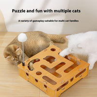 HKM-6778429 Interactive Wooden Cat Teasing Maze Box with Fun Stick and Bell Balls