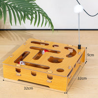 HKM-6778429 Interactive Wooden Cat Teasing Maze Box with Fun Stick and Bell Balls