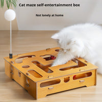 HKM-6778429 Interactive Wooden Cat Teasing Maze Box with Fun Stick and Bell Balls