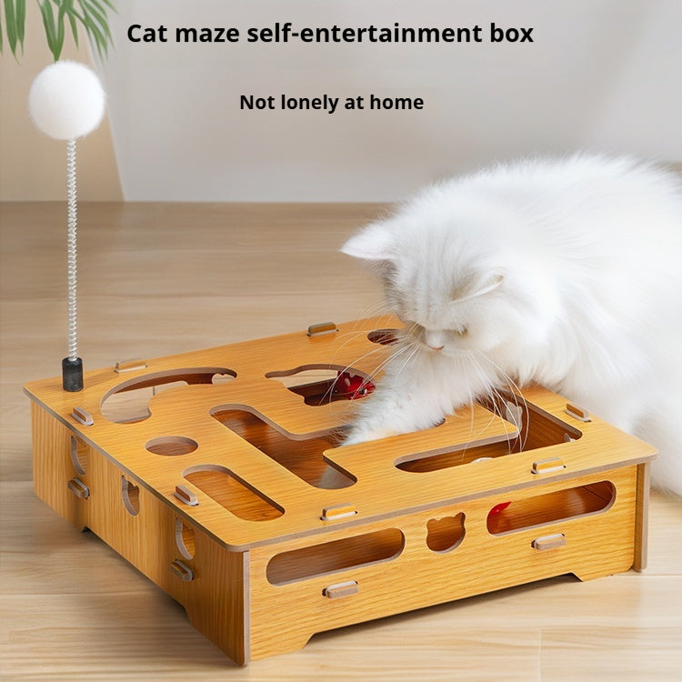 HKM-6778429 Interactive Wooden Cat Teasing Maze Box with Fun Stick and Bell Balls