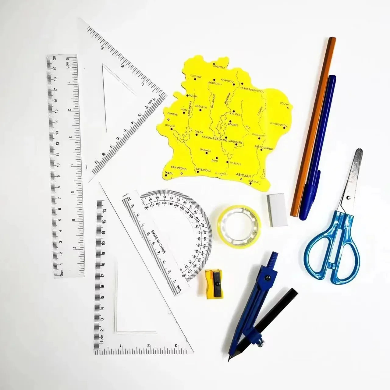 HKM-677843 Geometric Pencil Sharpener, Eraser, and Adhesive Tape Stationery Set for School and Kids