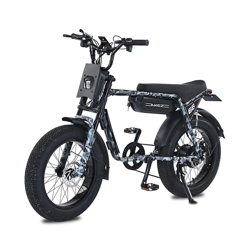 HKM-678803 Akez ZX 750W Electric Fat Tire Bike - 20 Inch Wheels, 7 Speed, 48V Lithium Battery, Classic Cafe Racer Design