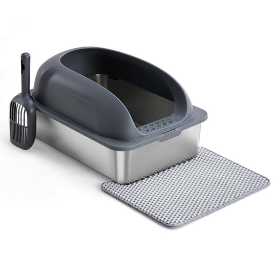 HKM-6789437 Large Stainless Steel Cat Litter Box with Lid, Non-Slip Base, Scoop and Mat Included