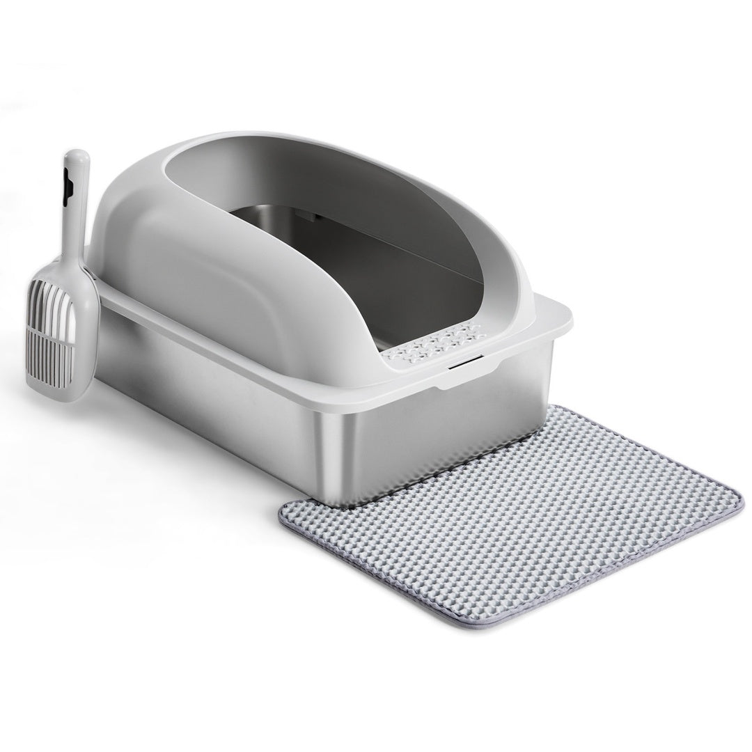 HKM-6789437 Large Stainless Steel Cat Litter Box with Lid, Non-Slip Base, Scoop and Mat Included