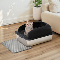 HKM-6789437 Large Stainless Steel Cat Litter Box with Lid, Non-Slip Base, Scoop and Mat Included