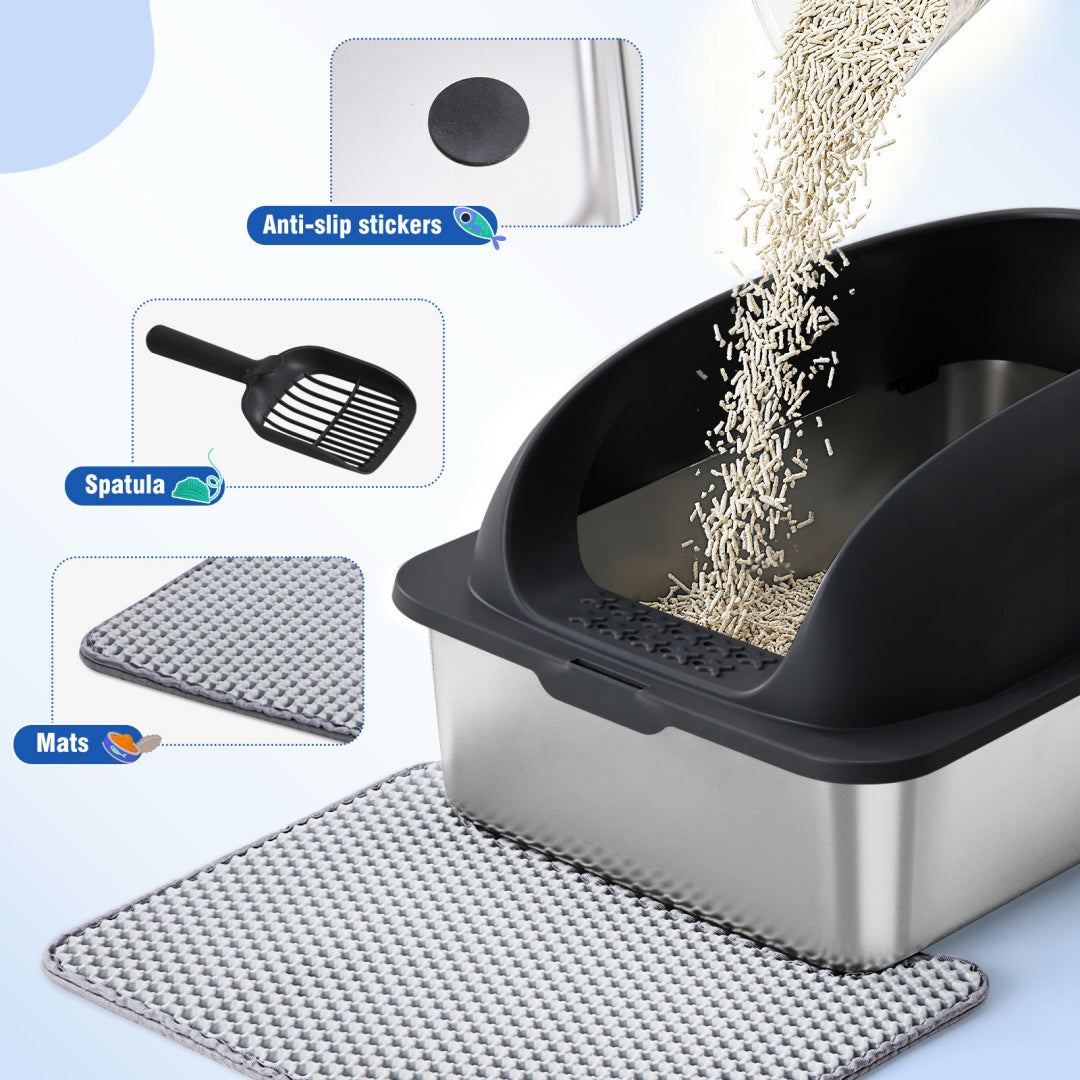 HKM-6789437 Large Stainless Steel Cat Litter Box with Lid, Non-Slip Base, Scoop and Mat Included
