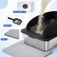 HKM-6789437 Large Stainless Steel Cat Litter Box with Lid, Non-Slip Base, Scoop and Mat Included