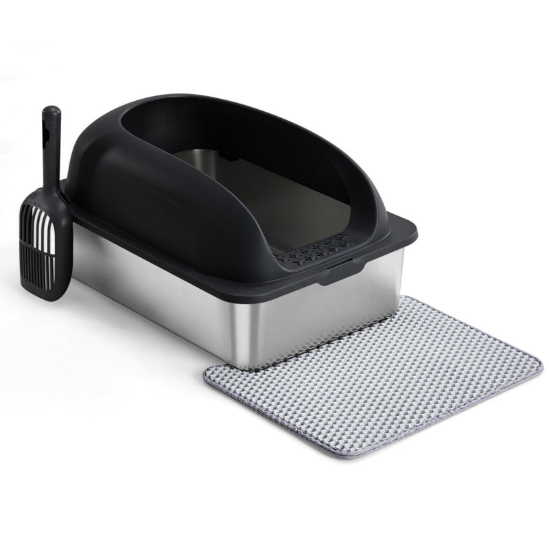HKM-6789437 Large Stainless Steel Cat Litter Box with Lid, Non-Slip Base, Scoop and Mat Included