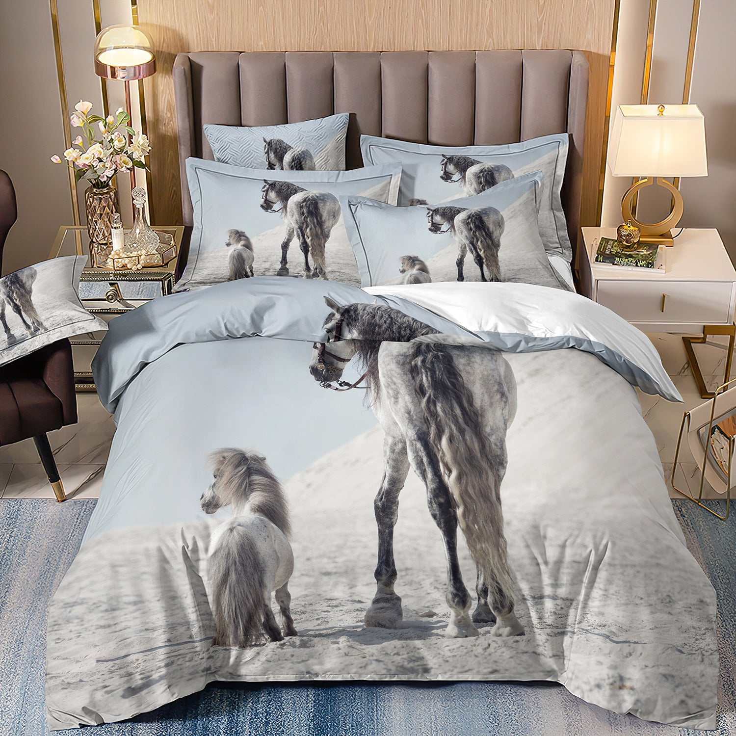 HKM-679187 3-Piece Horse-Themed 3D Digital Printed Bed Set with Quilt Cover and Pillowcases in Various Sizes