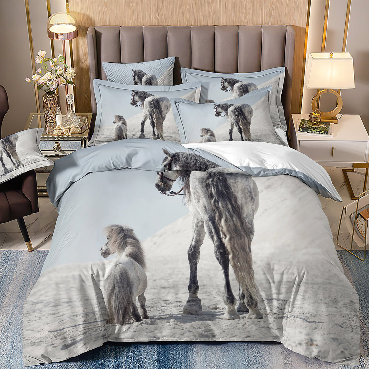 HKM-679187 3-Piece Horse-Themed 3D Digital Printed Bed Set with Quilt Cover and Pillowcases in Various Sizes
