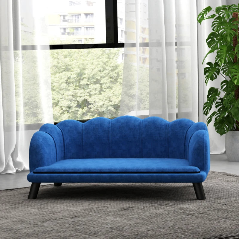 HKM-6795197 Elegant Dark Blue Pet Sofa Bed for Medium and Large Dogs with Removable Cushion and Solid Wood Legs