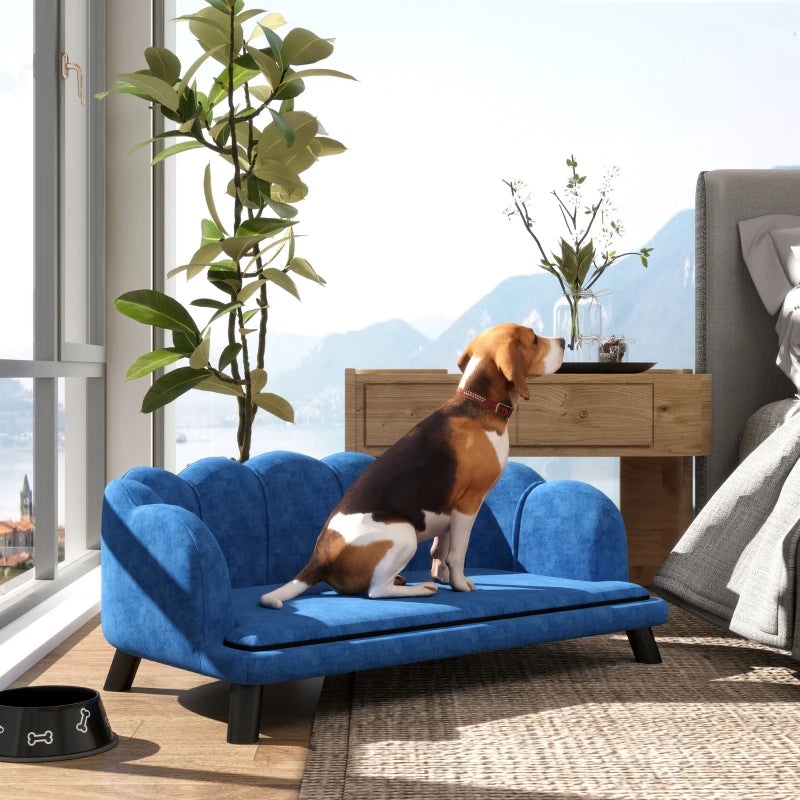 HKM-6795197 Elegant Dark Blue Pet Sofa Bed for Medium and Large Dogs with Removable Cushion and Solid Wood Legs