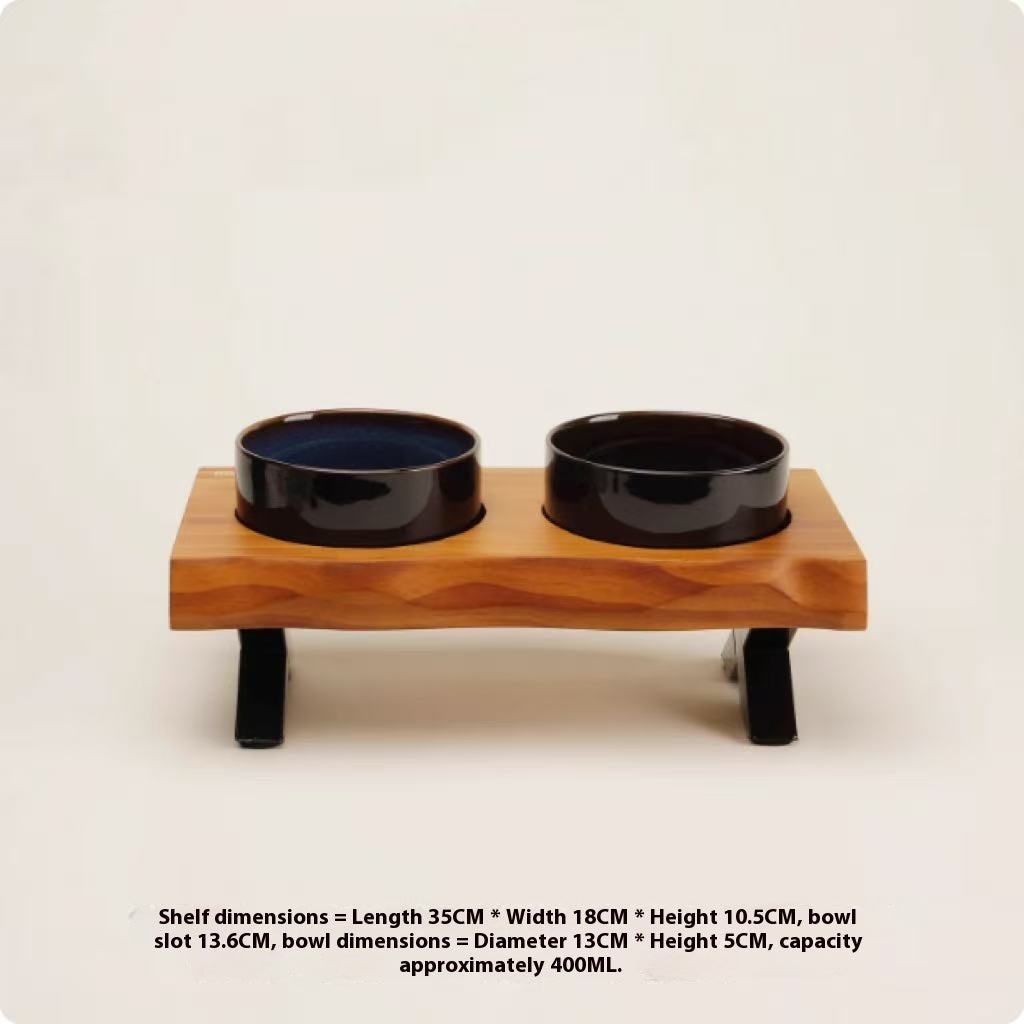HKM-6795709 Stylish Anti-Tumble Wooden Frame Ceramic Pet Bowl Set in Various Colors