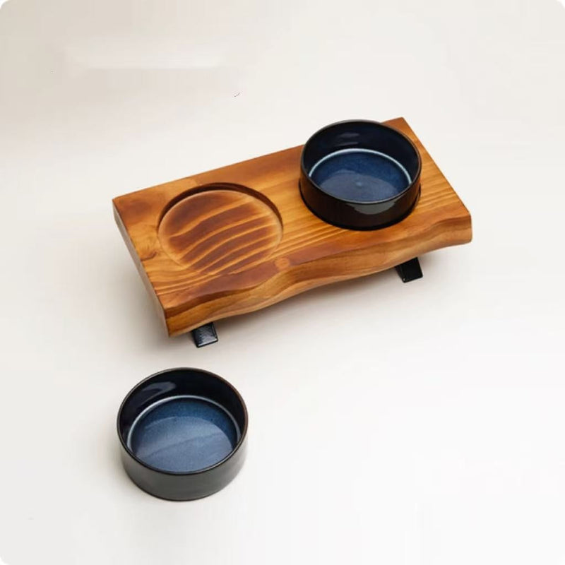 HKM-6795709 Stylish Anti-Tumble Wooden Frame Ceramic Pet Bowl Set in Various Colors