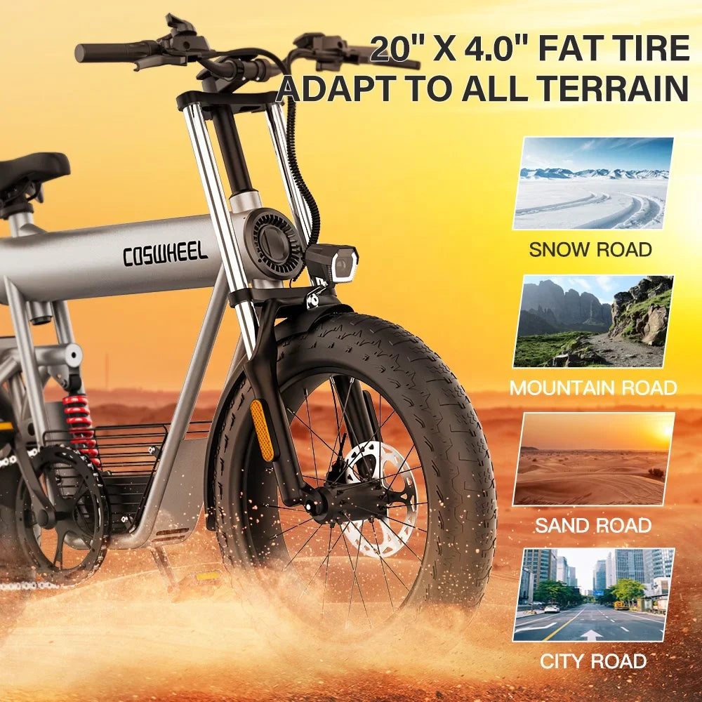 HKM-679571 1000W Electric Mountain Bike with 20-Inch Fat Tires, 7-Speed, and Hydraulic Disc Brakes