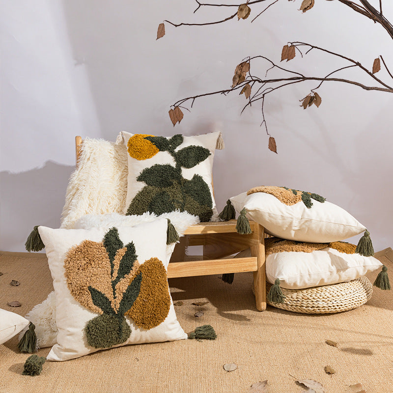 HKM-680019 Bohemian Tufted Pillow with Tassels - 45cm Floral Design Cushion Cover