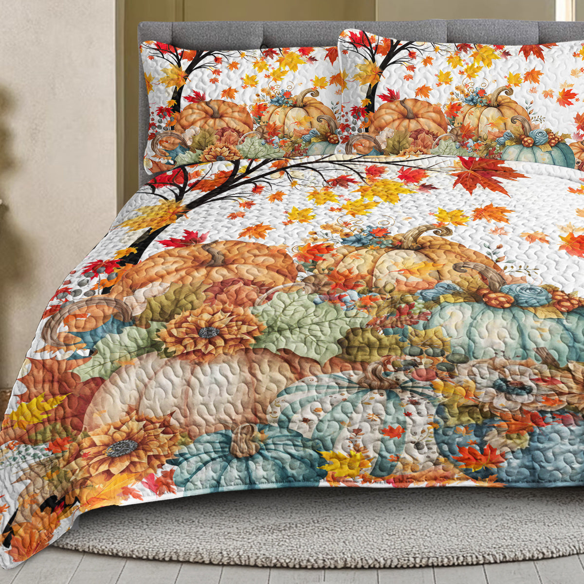 HKM-680019 Colorful Pumpkin Pattern Quilt Set with Pillow Shams - Twin, Full, Queen, King Sizes, All Season Use