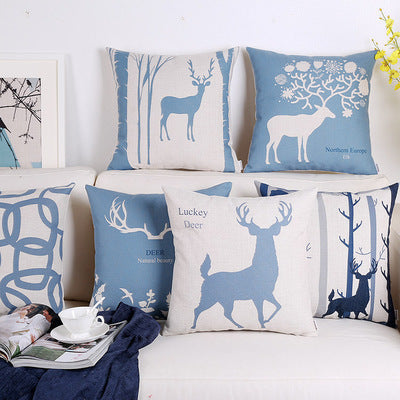 HKM-680083 Retro Style Blue Elk Cotton and Linen Pillowcase - Square 45x45cm and Waist 30x50cm
