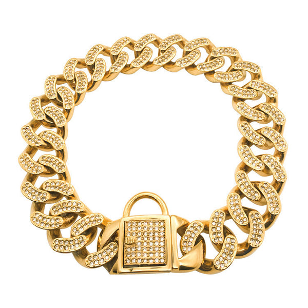 HKM-6801469 Stainless Steel Dog Collar with Diamond Buckle in Rose Gold, Gold, and Steel