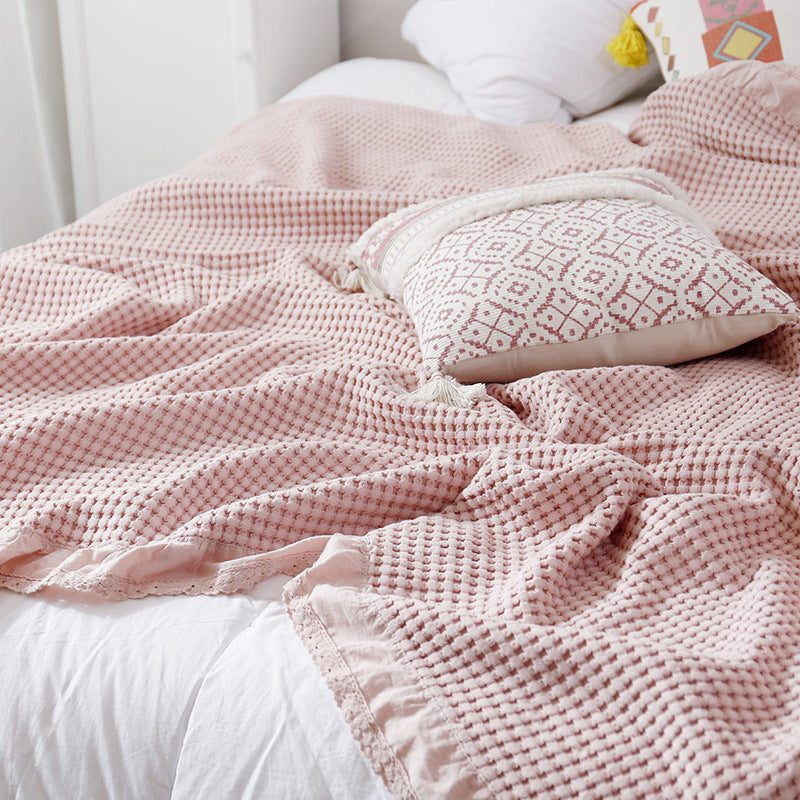 HKM-680339 Waffle Towel Quilt Blanket - Soft Cotton Sofa Throw in Pink, Dark Pink, Grey, Beige